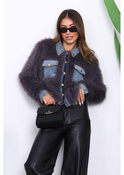 Füme Kot Detaylı Cepli Kürk Ceket modelleri