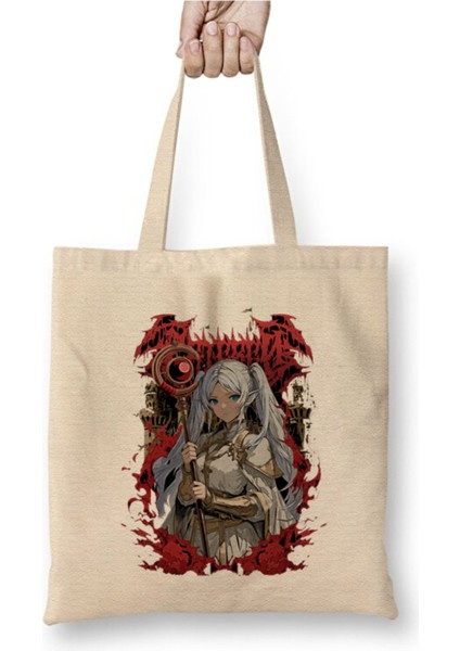 Frieren Heavy Metal Beyaz Bez Çanta Uzun Saplı Alışveriş Çantası Plaj Çantası