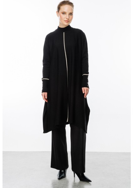 Önü Simli Şerit Detaylı Triko Elbise-Siyah fiyatları