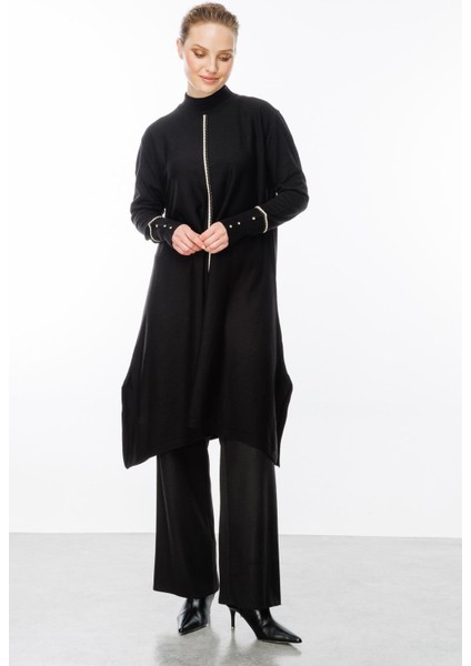 Önü Simli Şerit Detaylı Triko Elbise-Siyah modelleri