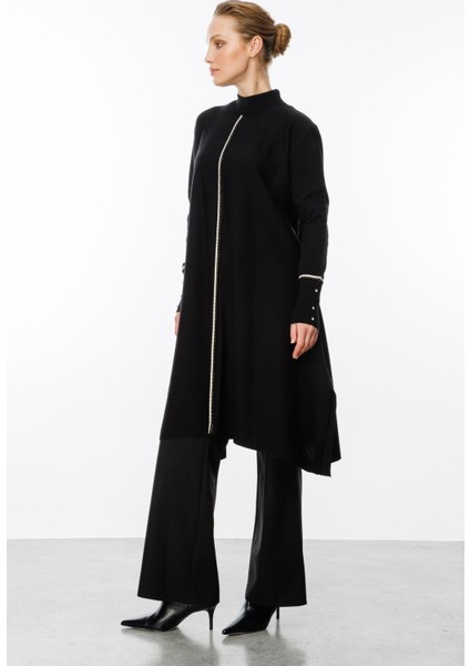 Önü Simli Şerit Detaylı Triko Elbise-Siyah indirimleri