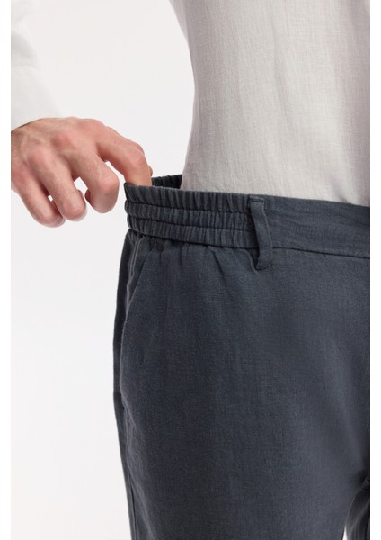 Erkek Antrasit Beli Lastikli %100 Keten Relaxed Fit Şort B003732