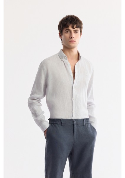 Erkek Antrasit Beli Lastikli %100 Keten Relaxed Fit Şort B003732