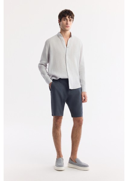 Erkek Antrasit Beli Lastikli %100 Keten Relaxed Fit Şort B003732
