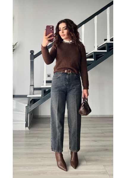 Kahve Yakası Taşlı Güpürlü Kazak modelleri