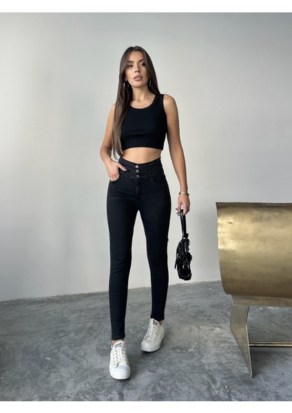 Kadın 3 Kemerli Yüksek Bel Kot Dar Paça Pantolon