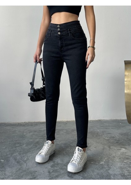 Kadın 3 Kemerli Yüksek Bel Kot Dar Paça Pantolon fiyatları