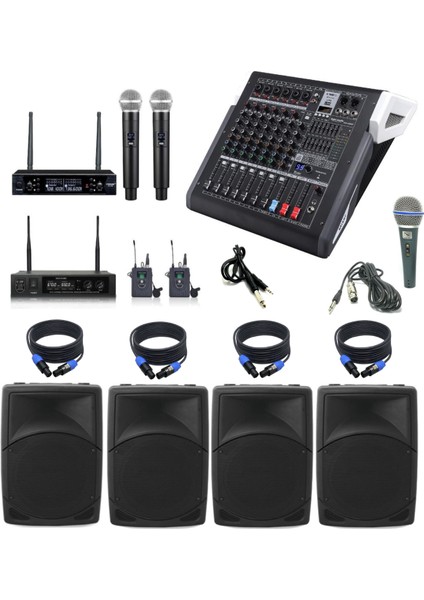 Mixer Hoparlör Mikrofon Anfi Seti 2 | 12” Kabin Hoparlörlü Okul Tören ve Etkinlik Ses Sistemi