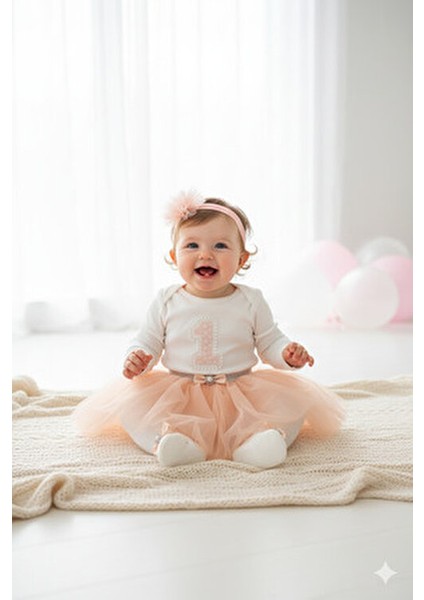 Kız Bebek Doğum Günü Parti Kıyafeti Uzun Kollu Tütü Elbise Set Bej indirimleri