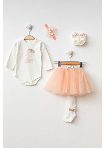 Kız Bebek Doğum Günü Parti Kıyafeti Uzun Kollu Tütü Elbise Set Bej