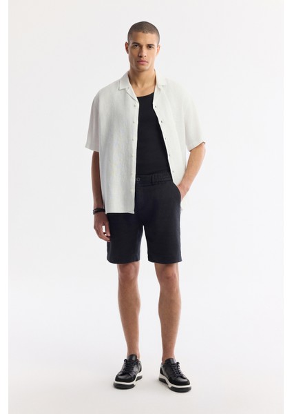 Erkek Siyah Beli Lastikli %100 Keten Relaxed Fit Şort B003732