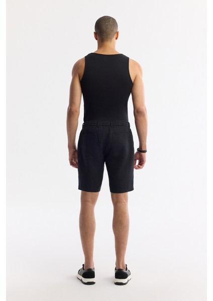 Erkek Siyah Beli Lastikli %100 Keten Relaxed Fit Şort B003732
