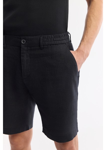Erkek Siyah Beli Lastikli %100 Keten Relaxed Fit Şort B003732