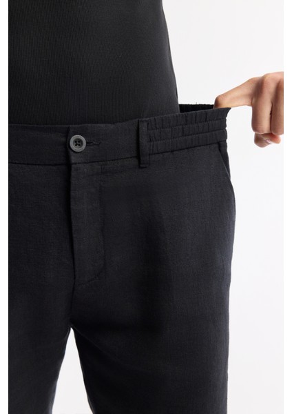 Erkek Siyah Beli Lastikli %100 Keten Relaxed Fit Şort B003732