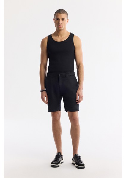 Erkek Siyah Beli Lastikli %100 Keten Relaxed Fit Şort B003732