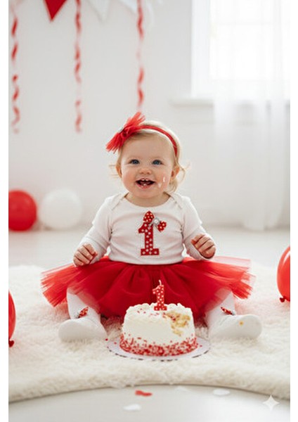 Petite Ponpon Kız Bebek Parti Kıyafeti Tütü Etek Seti Bisiklet Yaka 1 Yaş