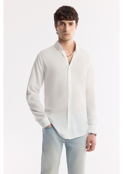 Erkek Beyaz Düğmeli Yaka %100 Pamuk Regular Fit Gömlek A51Y2206