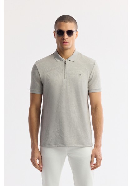 Erkek Gri Polo Yaka Jakarlı Elastan Regular Fit T-Shirt A51Y1059