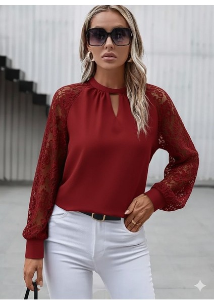 Kadın Uzun Dantel Kollu Yuvarlak Yakalı Sandy Bluz fiyatları