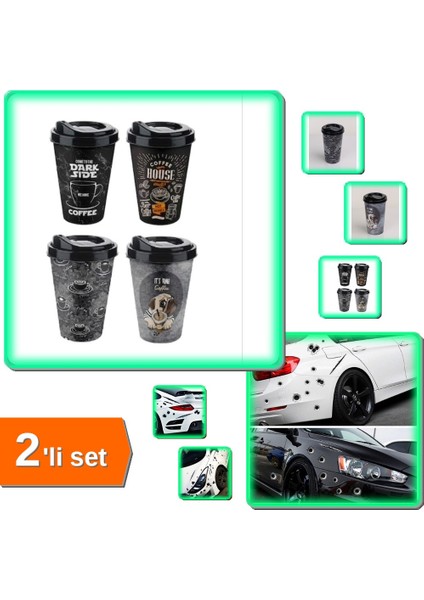 Kahve Bardağı Kapaklı Desenli + Araç Sticker Mermi ve Yara Şeklinde 3D Dekor Seti - 2li Set Q7XP3F