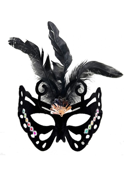 Siyah Renk Siyah Süet Kaplama Tüylü Kelebek Figür Parti Maskesi 24x18 cm