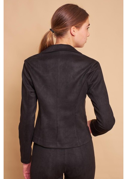 Hafif Likralı Süet Kumaş Flato Cepli Uzun Kol Kısa Blazer Ceket-Siyah fırsatları
