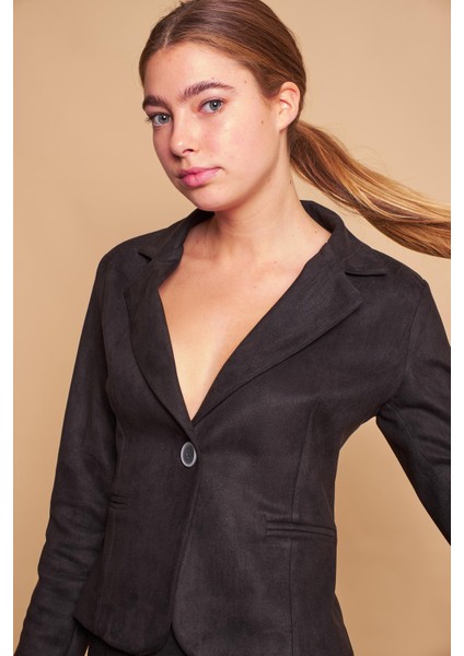 Hafif Likralı Süet Kumaş Flato Cepli Uzun Kol Kısa Blazer Ceket-Siyah indirimleri