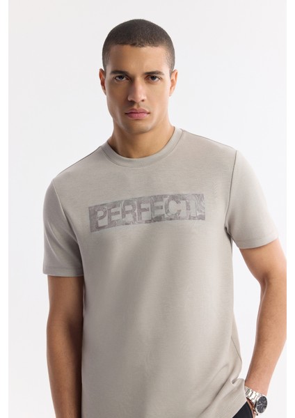 Erkek Gri Bisiklet Yaka Baskılı Bi-Stretch İnterlok Regular Fit T-Shirt A51Y1044