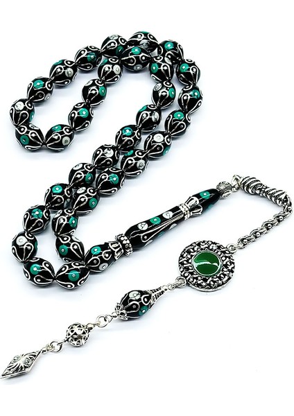 Gümüş Işlemeli Usta Işçilikli Orijinal Oltu Taşı Tesbih