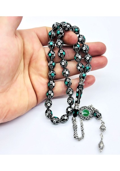 Gümüş Işlemeli Usta Işçilikli Orijinal Oltu Taşı Tesbih fırsatları