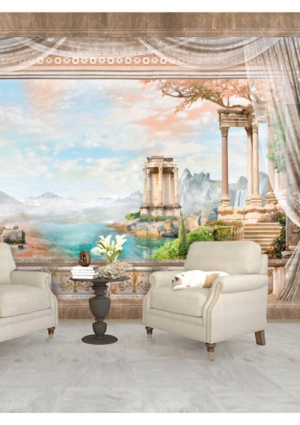 Deniz Manzaralı Saray Balkon Desenli Yırtılmaz Tekstil Duvar Kağıdı
