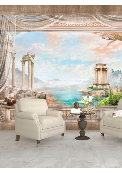Deniz Manzaralı Saray Balkon Desenli Yırtılmaz Tekstil Duvar Kağıdı fiyatları