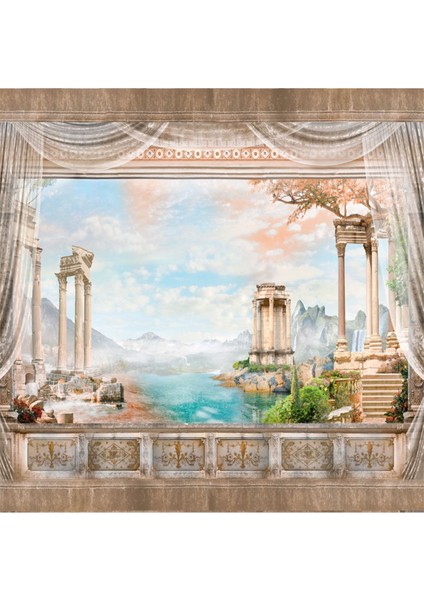 Deniz Manzaralı Saray Balkon Desenli Yırtılmaz Tekstil Duvar Kağıdı modelleri