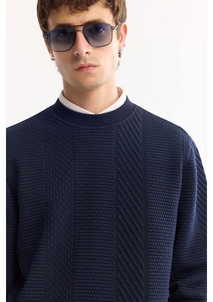 Erkek Lacivert Bisiklet Yaka Dokulu Elastan Regular Fit Sweatshirt A52Y1220