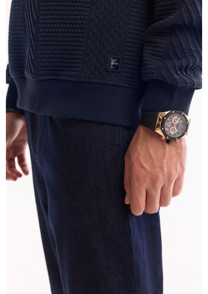 Erkek Lacivert Bisiklet Yaka Dokulu Elastan Regular Fit Sweatshirt A52Y1220