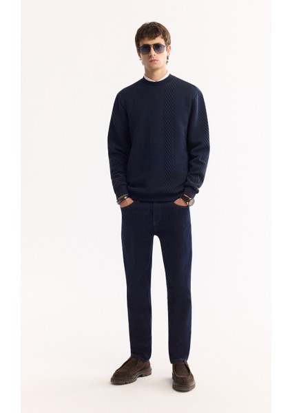 Erkek Lacivert Bisiklet Yaka Dokulu Elastan Regular Fit Sweatshirt A52Y1220