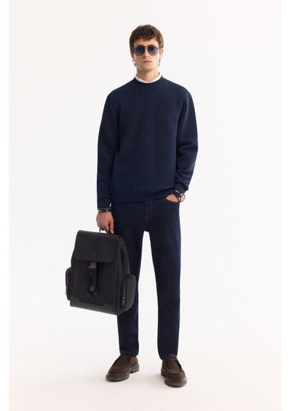 Erkek Lacivert Bisiklet Yaka Dokulu Elastan Regular Fit Sweatshirt A52Y1220