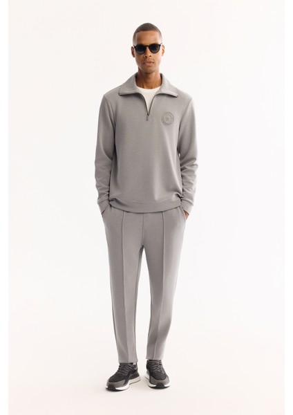 Erkek Gri Dik Yaka Fermuarlı Soft Touch Baskılı Regular Fit Sweatshirt A52Y1273