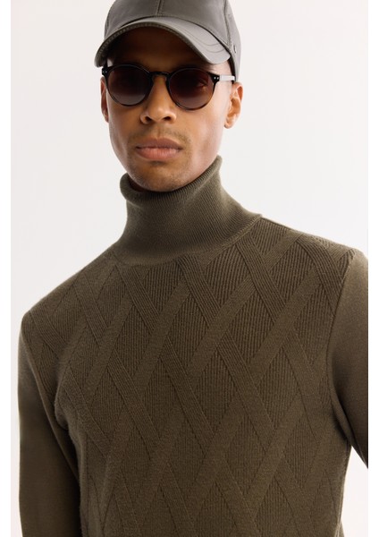 Erkek Haki Balıkçı Yaka Soft Touch Dokulu Triko Regular Fit Kazak A52Y5040