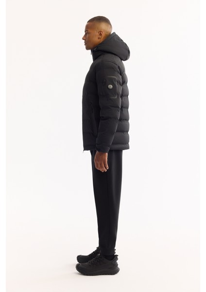 Erkek Siyah Kapüşonlu Kaz Tüyü Su İtici Rüzgar Geçirmez -10°C Dayanıklı Şişme Mont A52Y6067