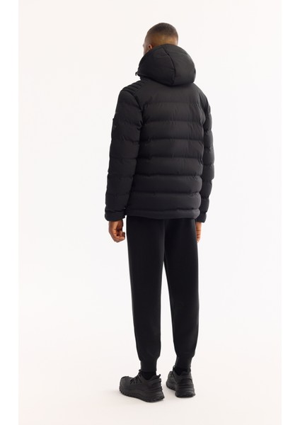 Erkek Siyah Kapüşonlu Kaz Tüyü Su İtici Rüzgar Geçirmez -10°C Dayanıklı Şişme Mont A52Y6067