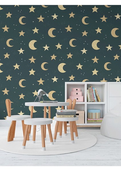 Çocuk Odası Ay Yıldız Desenli Isı ve Ses Yalıtımlı Sağlıklı Tekstil Duvar Kağıdı