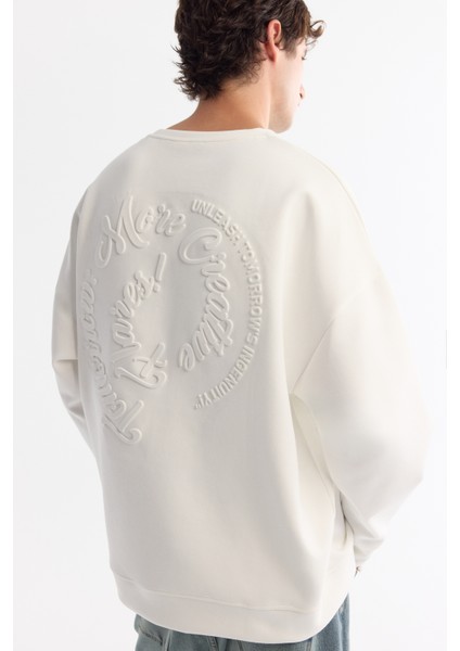Erkek Ekru Bisiklet Yaka Elastan Oversize Fit Sweatshirt A42Y1248
