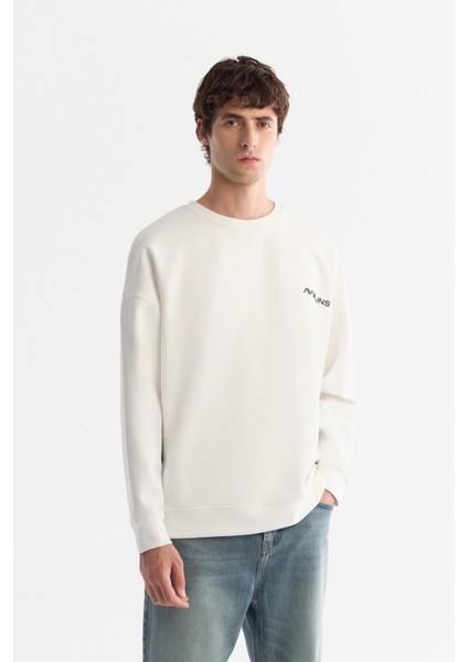 Erkek Ekru Bisiklet Yaka Elastan Oversize Fit Sweatshirt A42Y1248