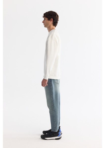 Erkek Ekru Bisiklet Yaka Elastan Oversize Fit Sweatshirt A42Y1248