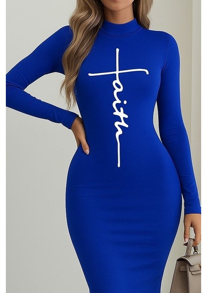 Kadın Uzun Kollu Boğazlı Baskı Detaylı Viskon Tam Boy Elbise fiyatları