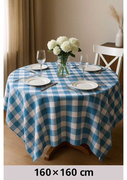 Fiber Kareli Masa Örtüsü Sofra Bezi Ekose Desen 160X160 cm Turkuaz