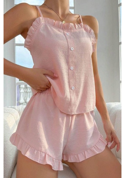 Toz Pembe Süs Düğmeli Fırfırlı Şortlu Pijama Takımı