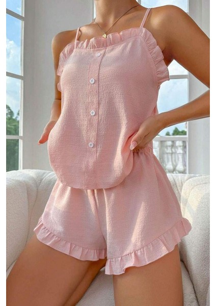Toz Pembe Süs Düğmeli Fırfırlı Şortlu Pijama Takımı modelleri
