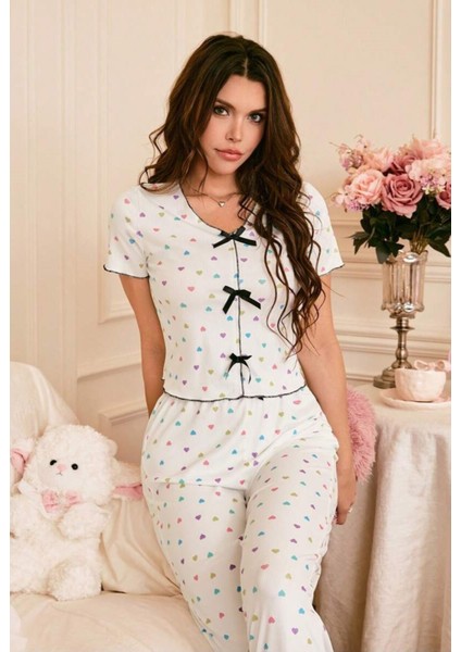 Romantik Kalp Baskılı Siyah Fiyonklu Kısa Kollu Pijama Takımı modelleri